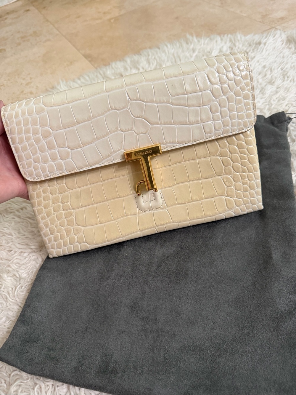 Tom Ford two tone Monarch Medium Glossed Croc-effect Leather Shoulder Bag